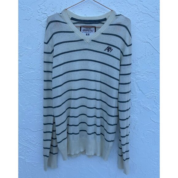 Aeropostale Mens Pullover Long Sleeve V Neck Sweater Gray Striped Sz M - Picture 1 of 8